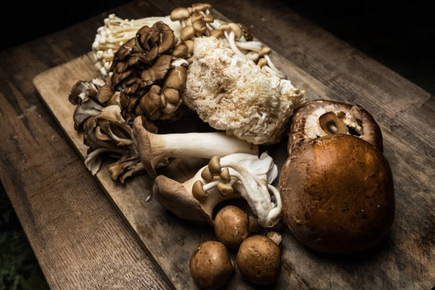istock Various types of Mushrooms on a wood board 1273224689