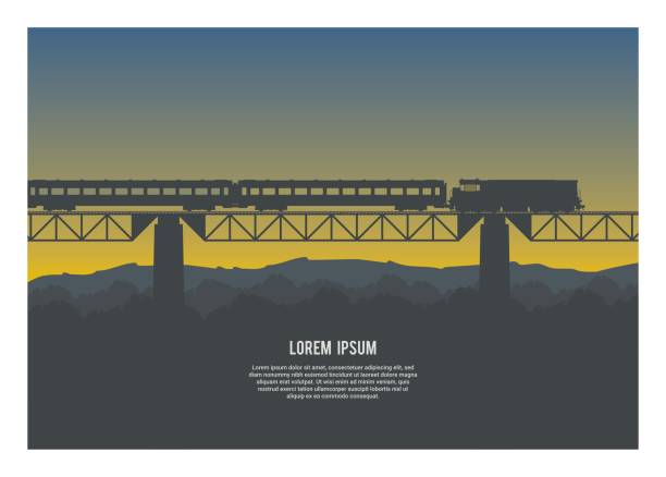 산악 실루엣 배경으로 다리를 건너는 여객 열차. - railway bridge stock illustrations