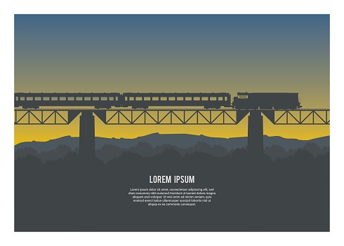 Simple illustration of a passenger train crossing a bridge with mountain silhouette background.
