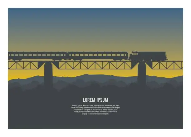 Vector illustration of Passenger train crossing a bridge with mountain silhouette background.