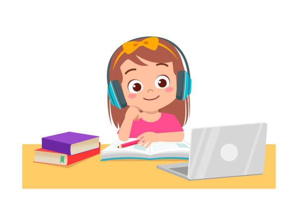 Happy Cute Little Kid Do Home School With Computer Laptop Connect To  Internet Study Elearning And Course Elearning Web Element Stock  Illustration - Download Image Now - iStock