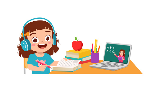 happy cute little kid do home school with computer laptop connect to internet study e-learning and course. e-learning web element