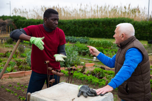 istock Elderly farmer scolding African worker 1273227871
