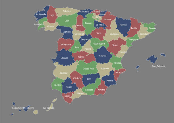 bardzo szczegółowa mapa polityczna hiszpanii - france gibraltar stock illustrations