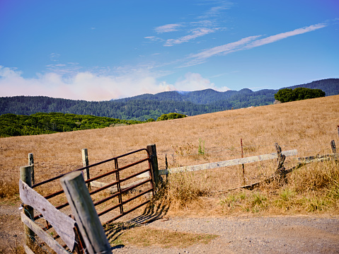 Metal gate and fence in a grassy field, wildfire smoke in hills beyond in Olema, CA, United States