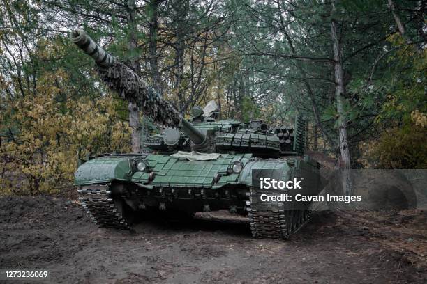 Panzer T64 On Combat Duty In A Coniferous Forest Stock Photo - Download Image Now - Ukraine, War, Donets Basin