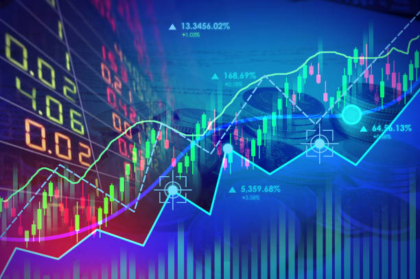 Business financial concept with double exposure stock market up trading line Business financial concept with double exposure stock market up trading line graph and line chart with coins background. ira gold funds stock pictures, royalty-free photos & images