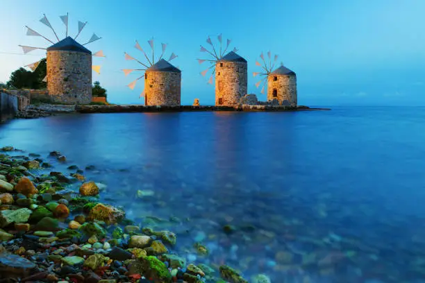 Old windmill ruins of Chios Island, Aegean Sea, Greece.