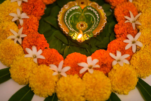 Marigold Flower rangoli Design for Diwali Festival , Indian Festival flower decoration Marigold Flower rangoli Design for Diwali Festival , Indian Festival flower decoration diwali photos stock pictures, royalty-free photos & images