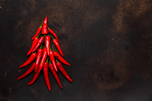 New year symbol: xmas tree made from red hot chilli peppers on dark background. Culinary christmas card with space for text top view.