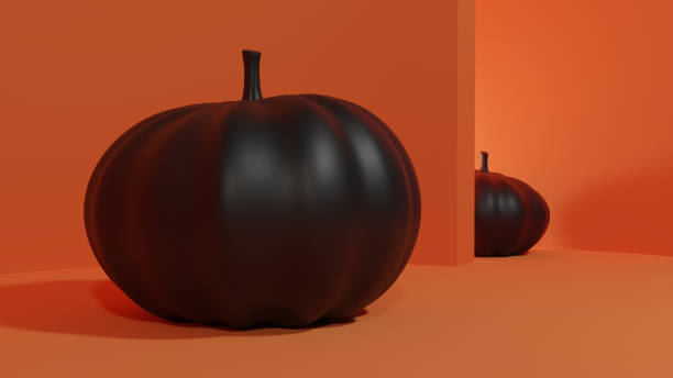 3D Rendered illustration of black Pumpkins on orange background. Concept of Halloween.