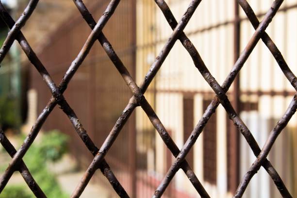 istock rhombus-shaped iron grate of an external gate 1273251355