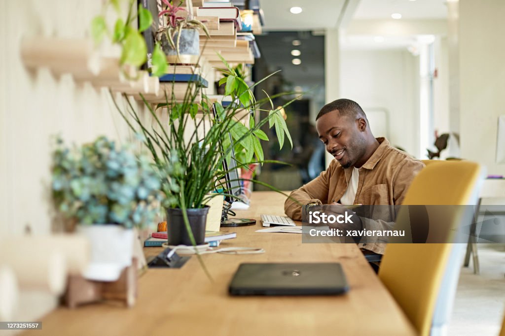Relaxed Black Freelancer Using Computer in Coworking Office Side view of young man wearing casual clothing and sitting at wall-length desk smiling as he works at computer in Miami office. Coworking Stock Photo
