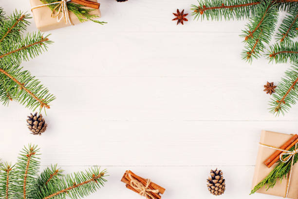istock Gifts and fir branches form a frame. Concept blank for a Christmas card. Copy space, top view. 1273251685