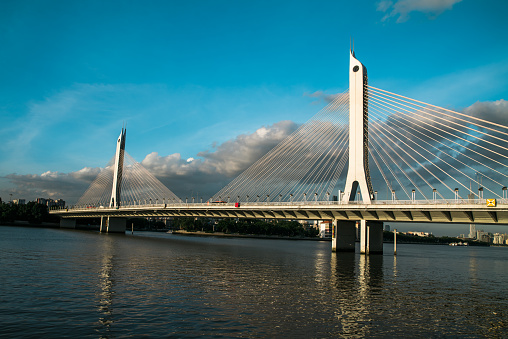 Rotterdam, The Netherlands, January 29, 2024: aerial view of the iconic Erasmus bridge and the city center waterfront