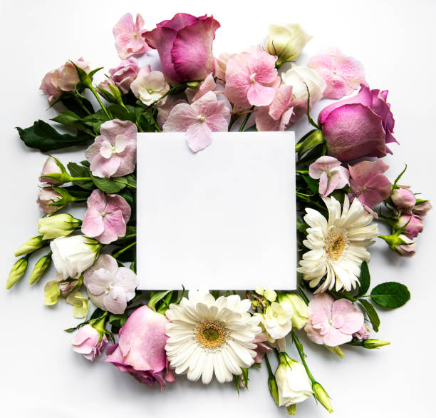 istock Pink flowers in  frame with white square for text 1273253799