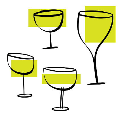 Vector illustration of a collection wine drinking glasses in a pencil drawing style, sketch and doodle. Cut out design elements for ideas and concepts about drinks and food, restaurants, menus, coffee shops, lifestyles, social gatherings and celebrations.