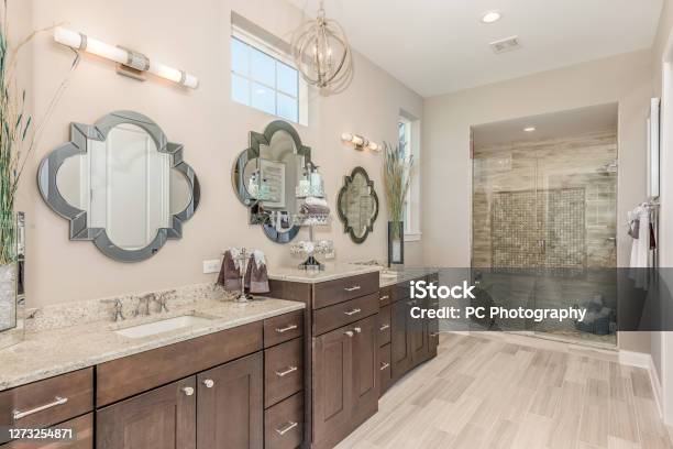Countertop Space Galore In Elegant Bathroom Stock Photo - Download Image Now - Bathroom, Luxury, Tile