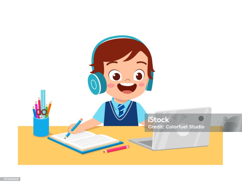 Computer Learning Cute Photos Happy Cute Little Kid Do Home School With Computer Laptop Connect To ...