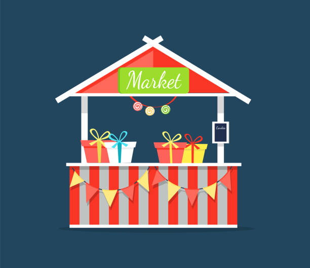 illustrations, cliparts, dessins animés et icônes de comptoir du marché avec bonbons dans les boîtes vector shop - clothing store clothing price supermarket