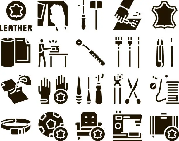 Vector illustration of Leatherworking Job Glyph Set Vector