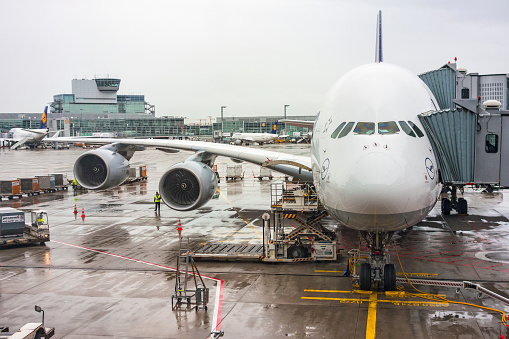 Frankfurt, Germany - September 27, 2019: Airbus at a gate in  Frankfurt airport