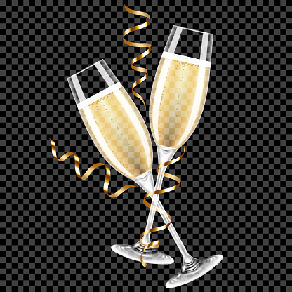 Champagne glasses and champagne, isolated on dark background.