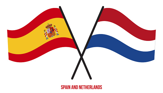 Spain and Netherlands Flags Crossed And Waving Flat Style. Official...