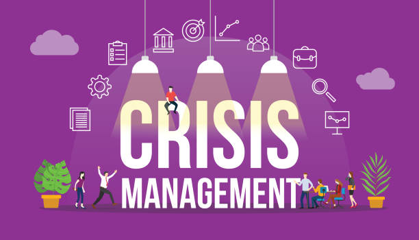 krisenmanagement-unternehmenskonzept mit menschen und big text word und verwandtem icon flat style - crisis stock-grafiken, -clipart, -cartoons und -symbole