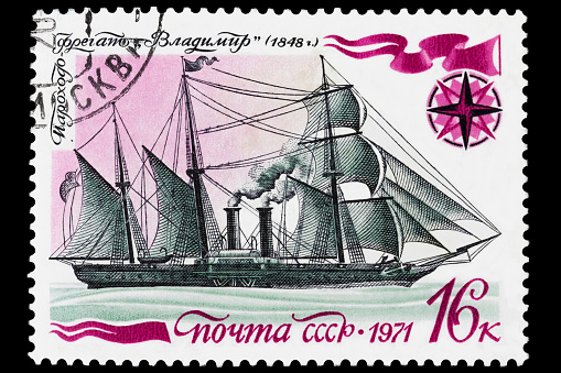 A postage stamp printed in the USSR shows the steamer-frigate Vladimir, circa 1971. Macro photography. Isolated with full clipping for your collection.