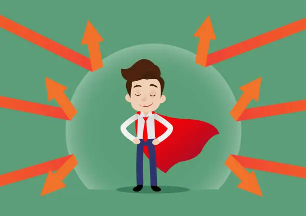 Vector illustration of Super hero businessman who wear red cape with a dome of armor that prevents problems
