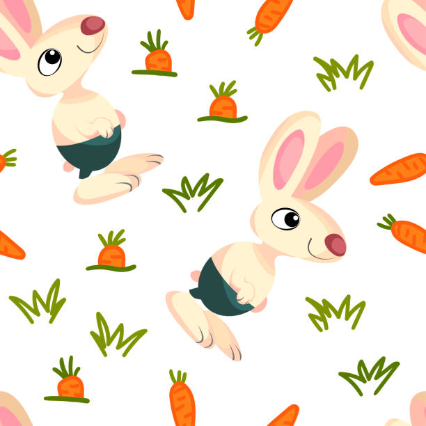 кроличьи узор на белом моркови фоне. симпатичный ребенок заяц - rabbit pets baby rabbit white background stock illustrations