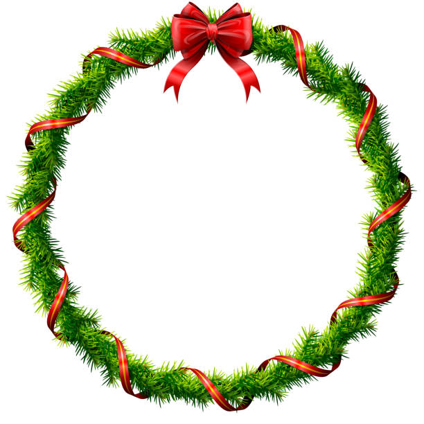 ilustrações de stock, clip art, desenhos animados e ícones de thin christmas wreath with red bow and ribbon - arranjo de flores