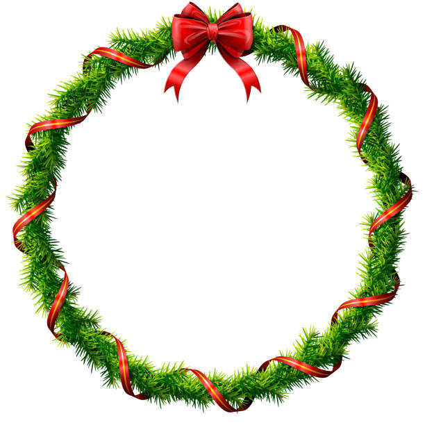 ilustrações, clipart, desenhos animados e ícones de coroa de natal fina com arco vermelho e fita - wreath