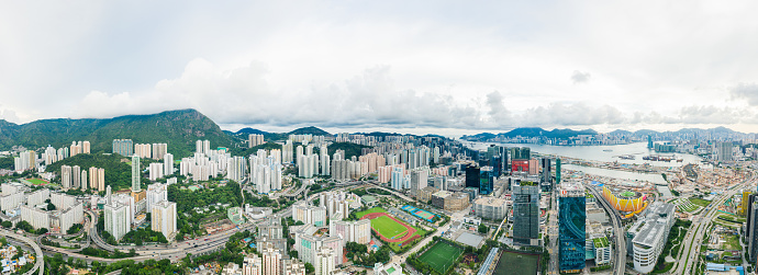 epic aerial view of cityscape in Kowloon district, Hong Kong