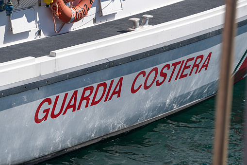 Ponza, Italy - September 3, 2020: Motorboat of the Italian Guardia Costiera, Corps of the Port Captaincies, Coast Guard, part of the Italian Navy under the control of Ministry of Infrastructure