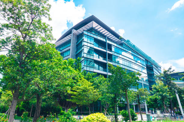 edifício moderno em tai po, hong kong - office building business tree building exterior - fotografias e filmes do acervo