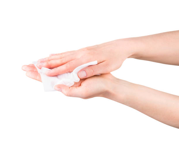 istock Woman hand use antibacterial wet wipes or tissue isolated on a white background 1273268528