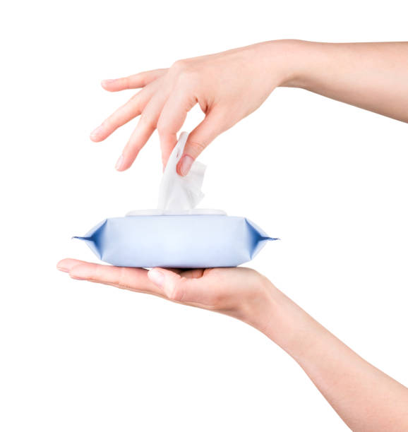 istock Woman hand use antibacterial wet wipes or tissue isolated on a white background 1273268548