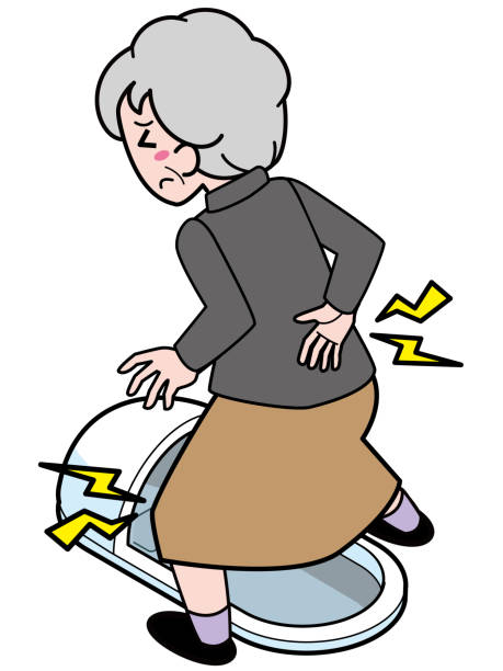 An old woman who has a pain in her knees and hips when straddling a Japanese style toilet An old woman who has a pain in her knees and hips when straddling a Japanese style toilet japanese toilet stock illustrations