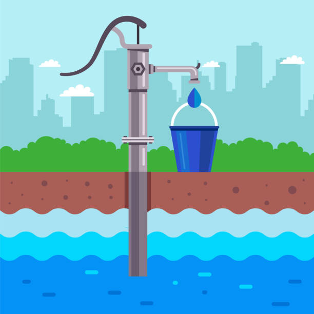 ilustrações de stock, clip art, desenhos animados e ícones de extraction of water from the ground. column with water and a bucket - groundwater