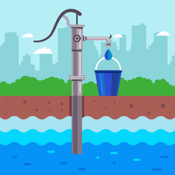 извлечения воды из земли. колонка с водой и ведром - groundwater stock illustrations