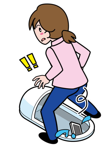 ilustraciones, imágenes clip art, dibujos animados e iconos de stock de una mujer que deja caer su teléfono móvil cuando se encuentra a caballo de un inodoro de estilo japonés - falling water illustrations