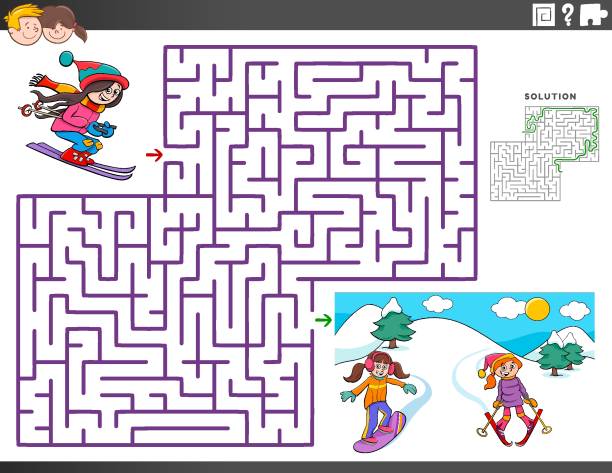labirynt gra edukacyjna z narty dziewczyny znaków - uciekanie się narty stock illustrations