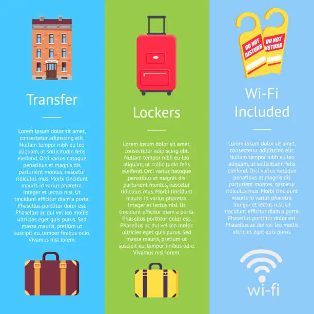 Vector illustration of Transfer, Locker and Wi-Fi Set of Hotel Posters