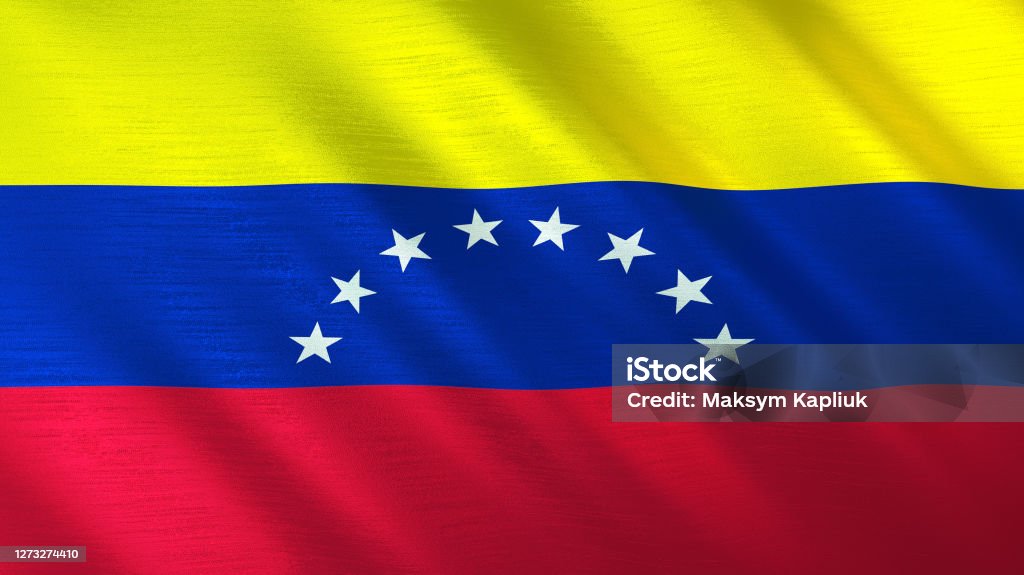 Fluttering flag of Venezuela Shine, metallic texture. 3D illustration. The waving flag of Venezuela. High quality 3D illustration. Perfect for news, reportage, events. Ambassador Stock Photo