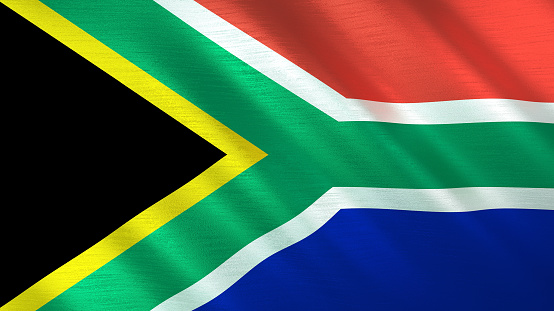 Grungy flag of South Africa in the shape of a map of the country. Map outline adapted from public-domain map at https://upload.wikimedia.org/wikipedia/commons/thumb/d/d3/Map_of_South_Africa.svg/2048px-Map_of_South_Africa.svg.png