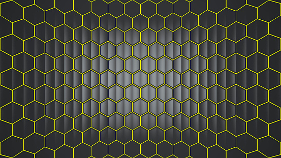 Abstract digital futuristic yellow hexagon shape on black curved background.  3D rendered image.