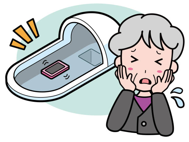 ilustraciones, imágenes clip art, dibujos animados e iconos de stock de abuela en problemas de dejar caer su teléfono móvil en el inodoro de estilo japonés - falling water illustrations