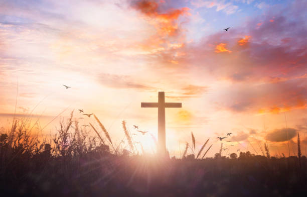 istock Religious concept: Silhouette cross and birds flying on  sunrise background 1273278713